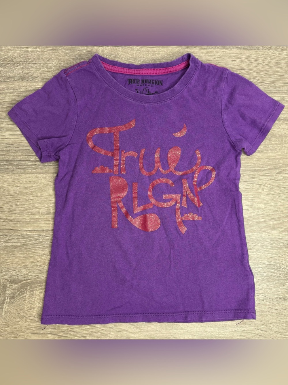 True Religion Purple Tee with Pink Metallic Logo Size 6